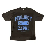 Project 24 Capri Black T-Shirt with oversized blue varsity graphic on washed black fabric