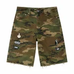 Shop Project Capri Camo Denim Jorts featuring premium camouflage denim, graphic patches, a relaxed fit, and everyday streetwear Project Capri Camo Denim Jortsstyle.