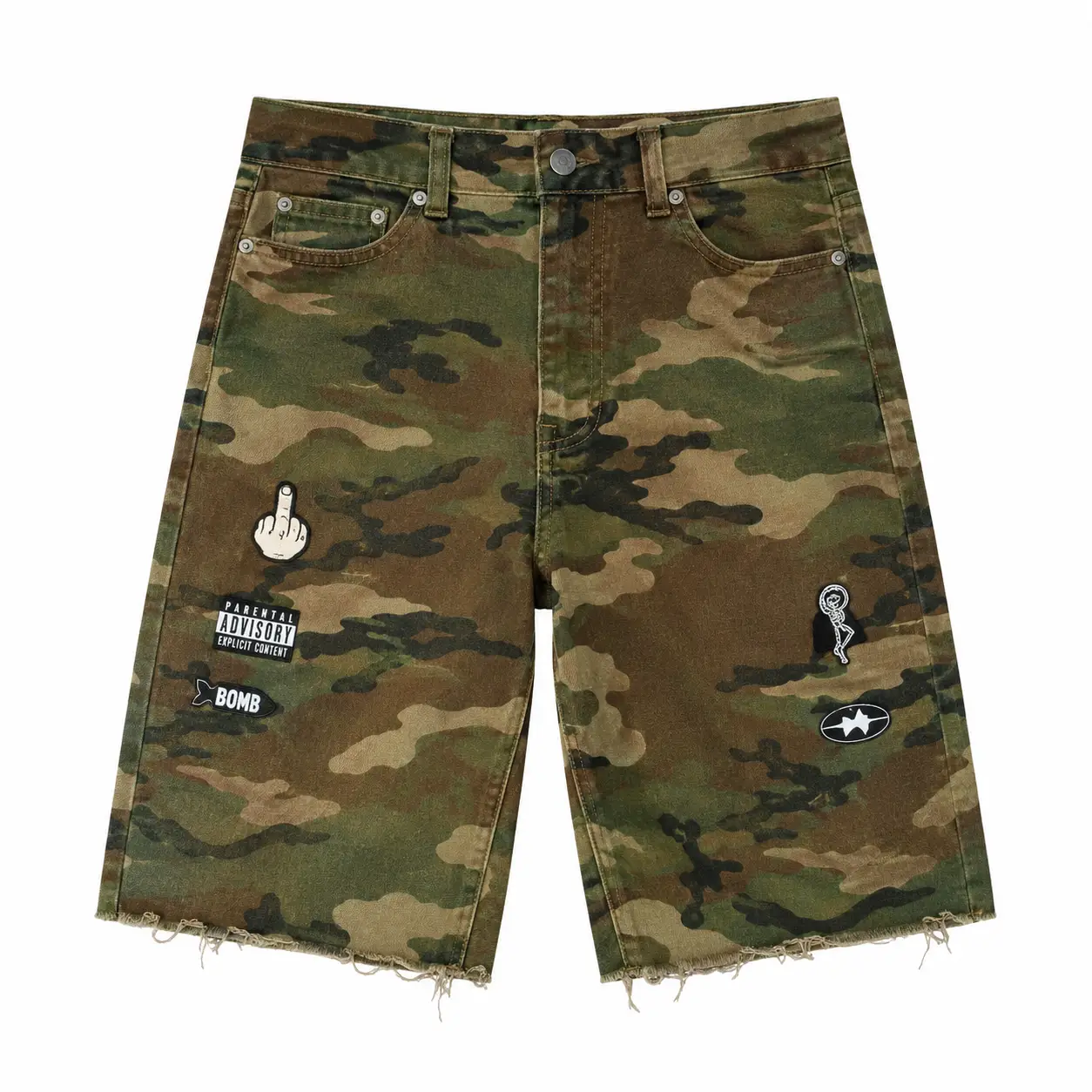 Project Capri Camo Denim Jorts Shop Project Capri Camo Denim Jorts featuring premium camouflage denim, graphic patches, a relaxed fit, and everyday streetwear Project Capri Camo Denim Jortsstyle.